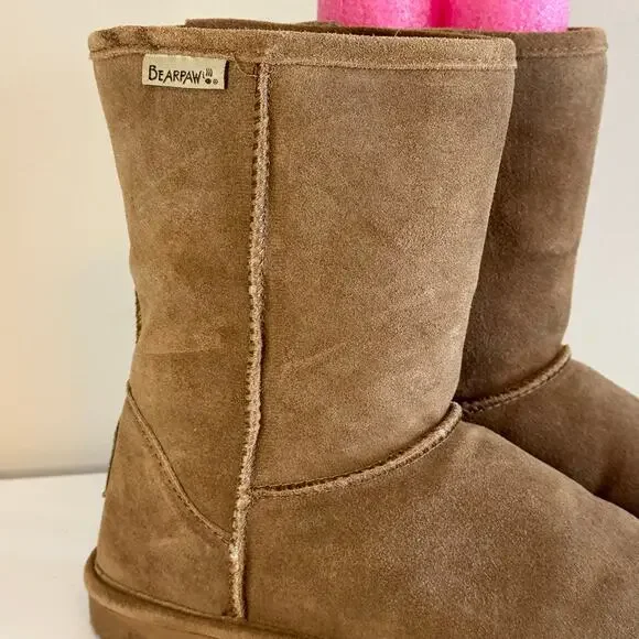 BearPaw Emma Short Boots Women 8 Brown Suede Sheepskin Wool Lined Pull On Winter - Picture 2 of 13